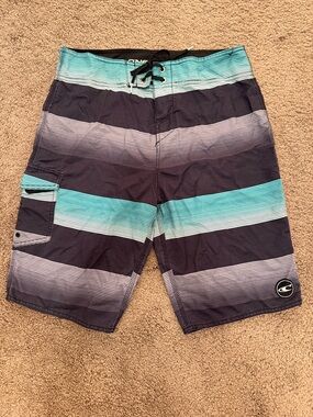 O'Neill Striped Swim Board Shorts in Teal, Black, and Gray.